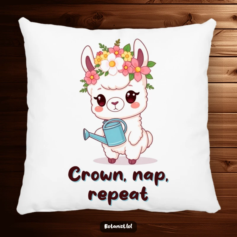Funny Pillow: A proud llama wearing a flower crown holds a watering can, adding a touch of floral elegance.