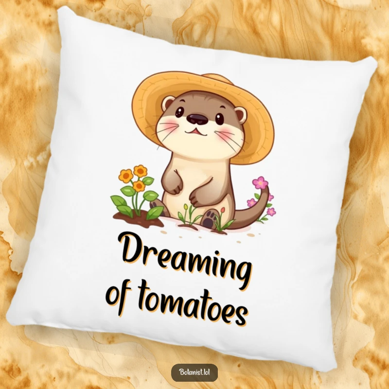 Funny pillow showcasing a playful otter in a sunhat tending a garden, embodying cheerful care.