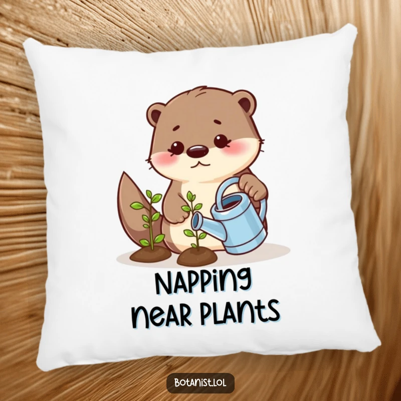 Funny pillow design featuring a playful otter with a tiny watering can nurturing a smiling seedling, bringing cozy charm and humor.