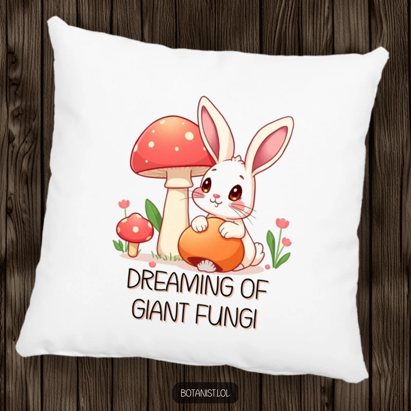 Funny pillow featuring a rabbit with wide eyes admiring a large, colorful mushroom, a soft funny gift.