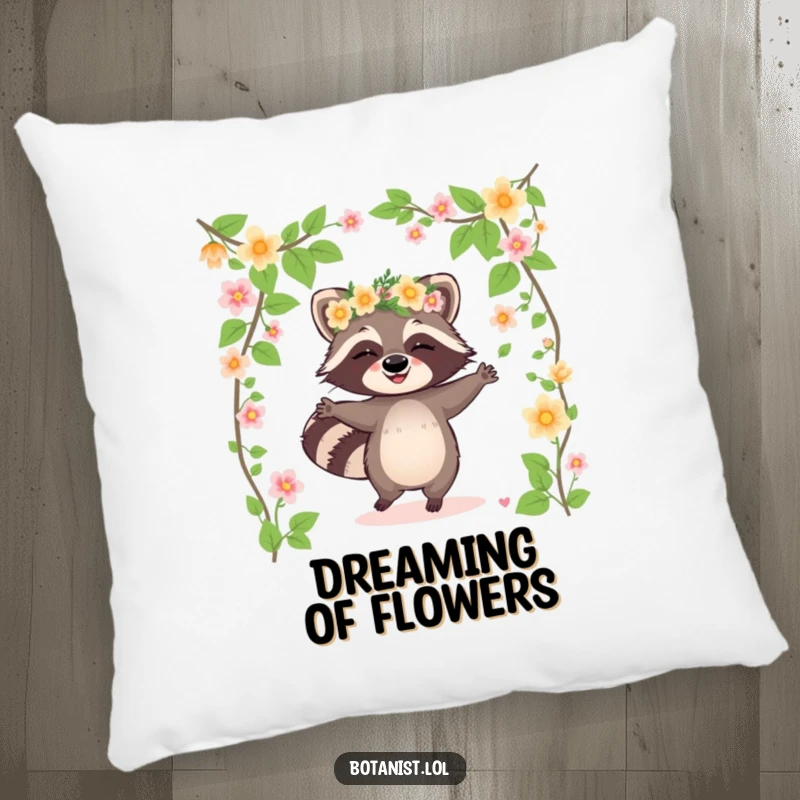 Funny raccoon pillow showing a giggling raccoon wearing a flower crown and dancing among blooming vines, a cute and humorous accent piece.