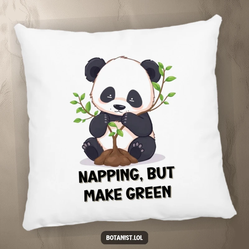 Funny Panda Pillow: A diligent panda repots a miniature tree, offering cozy comfort and a peaceful gardening theme.