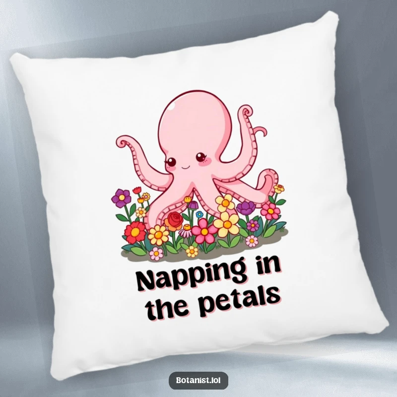 Funny Octopus Pillow design showing a friendly octopus with multiple arms tending to a vibrant and colorful flower garden, a cozy accent.