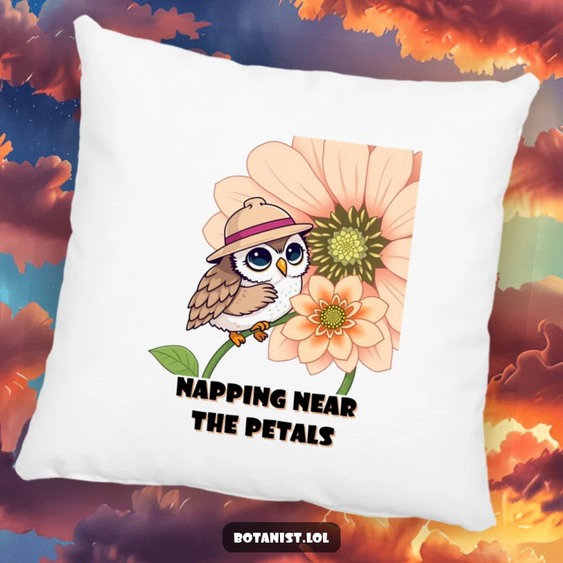 Funny pillow featuring a cute owl in a hat, examining a large, open flower, a soft and cozy funny gift.