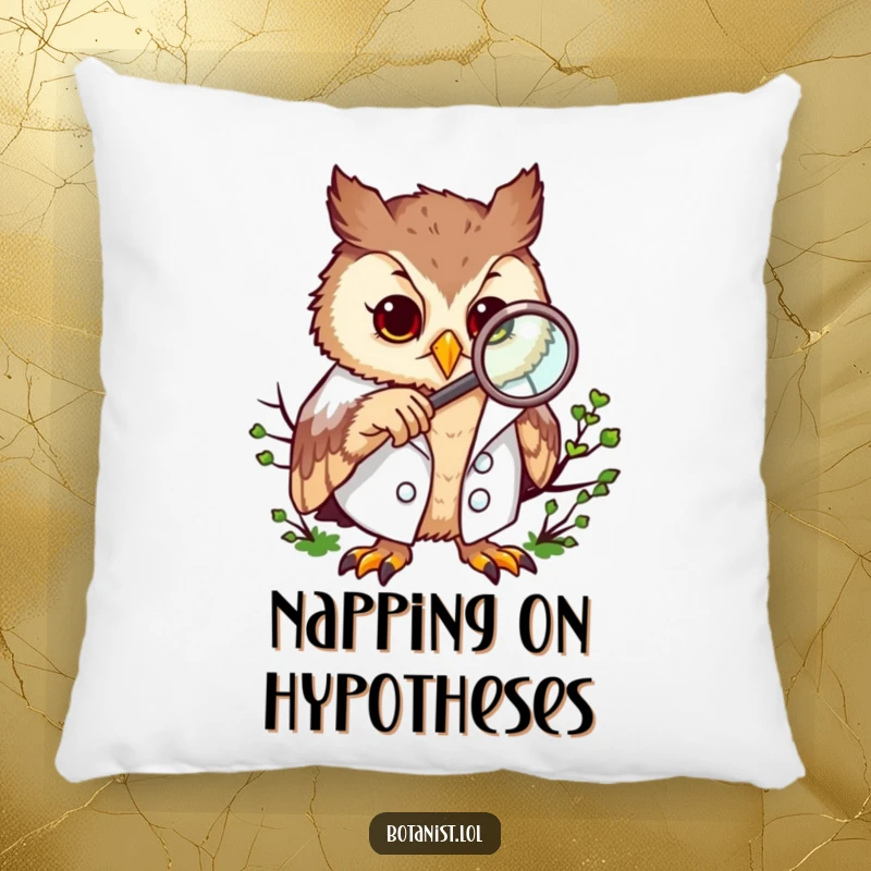 Funny pillow with a curious owl wearing a lab coat, examining moss with a magnifying glass.