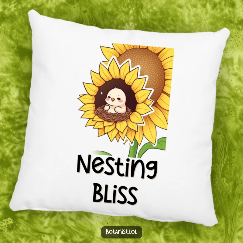 Funny pillow featuring a small bird looking pleased and cozy, nesting in a giant sunflower, offering comfort with a serene and humorous touch.