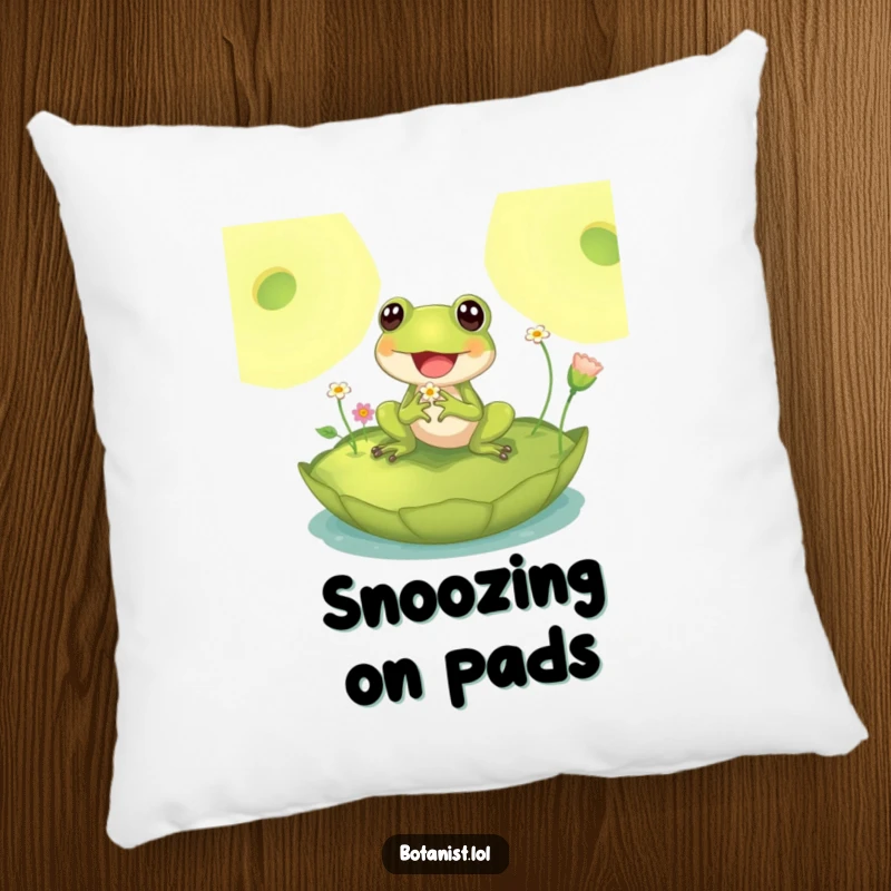 Funny pillow design featuring a delighted frog on a large lily pad, inspecting tiny flowers, bringing cozy pondside humor.