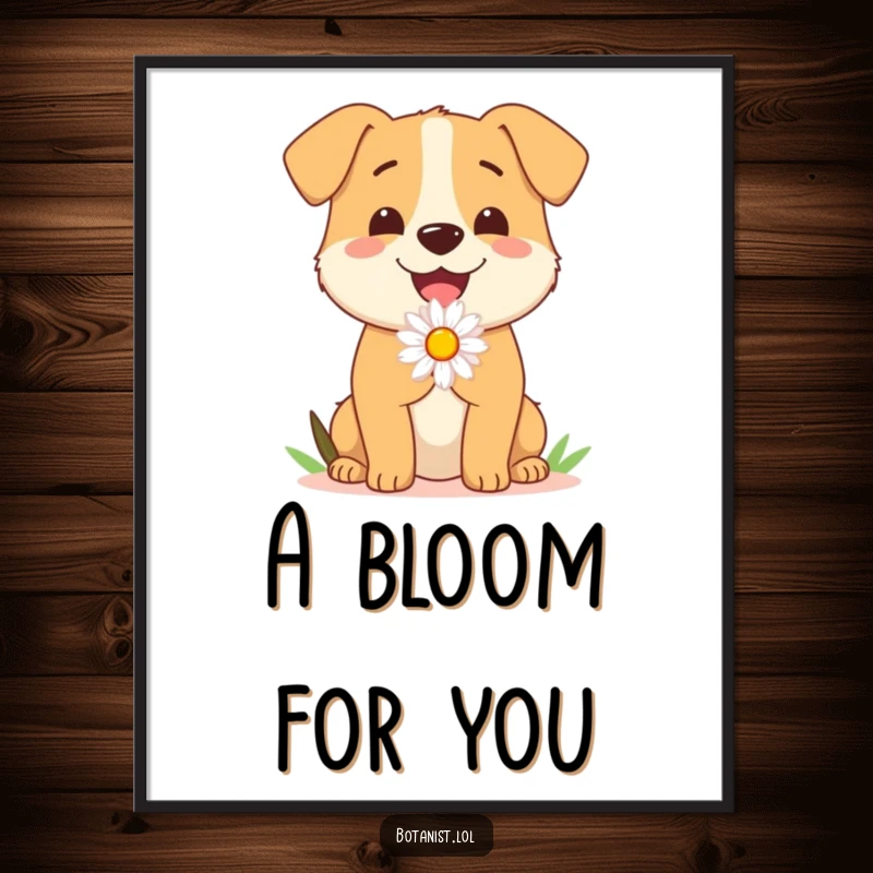 Funny Dog Digital Art Print: A happy dog proudly presents a single daisy, radiating warmth and playful affection for your walls.