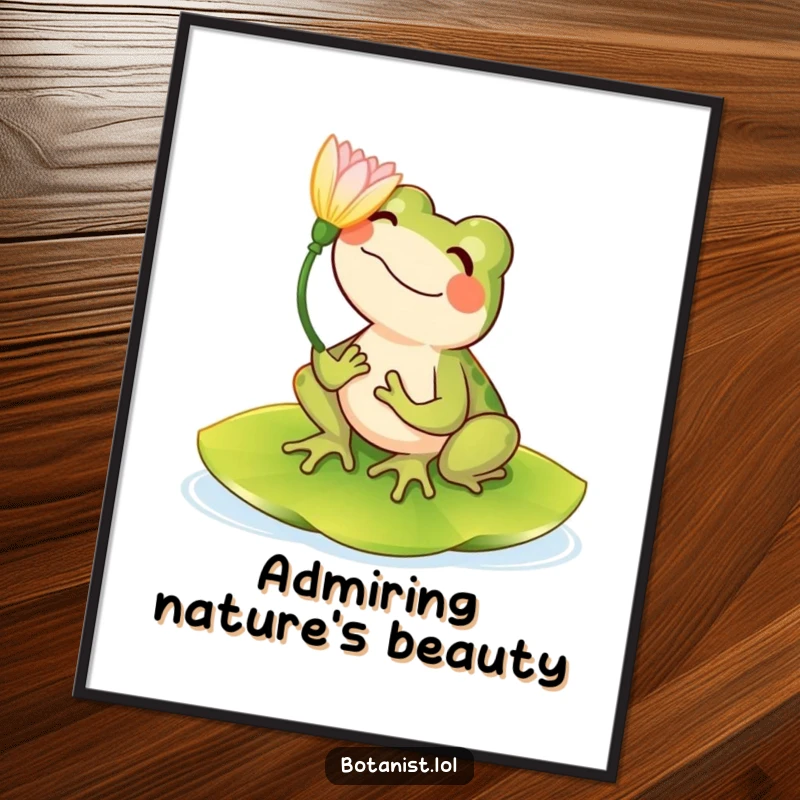 Funny digital art print of a happy frog sitting on a lily pad, admiring a beautiful bloom with glee.