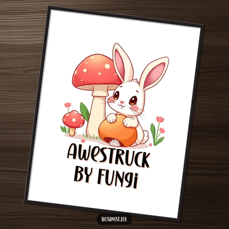 Funny digital art print of a rabbit admiring a mushroom, ideal for instant download and a humorous gift.