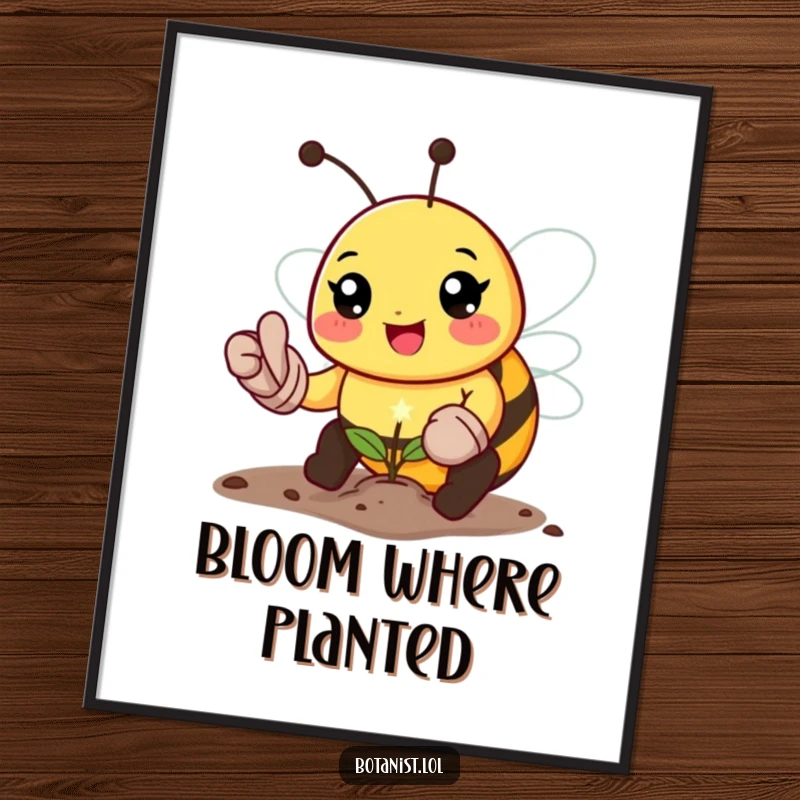 Funny bee gardener digital art print, a happy bee wearing gloves, planting a tiny sparkling seed, adding instant cheer.