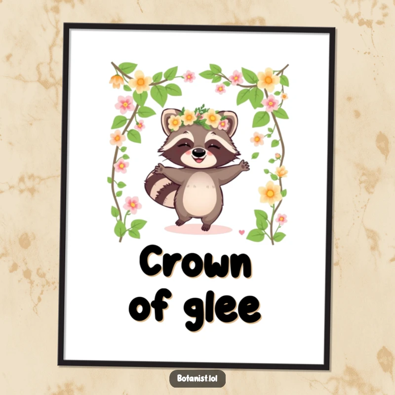 Funny raccoon digital art print of a giggling raccoon wearing a flower crown and dancing among blooming vines, instant downloadable joy.