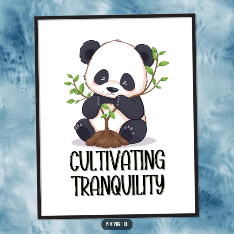 Funny Panda Digital Art Print: A focused panda diligently repots a miniature tree, bringing zen garden vibes to your decor.