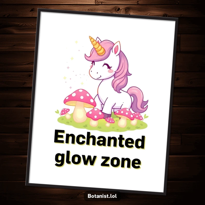 Funny Unicorn Digital Art Print of a unicorn showering pixie dust over a patch of glowing, magical mushrooms, ready for download.