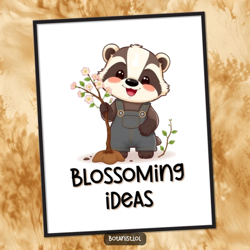 Funny Badger Digital Art Print showing a happy badger in overalls, humorously pruning a tiny tree, perfect for instant wall decor.