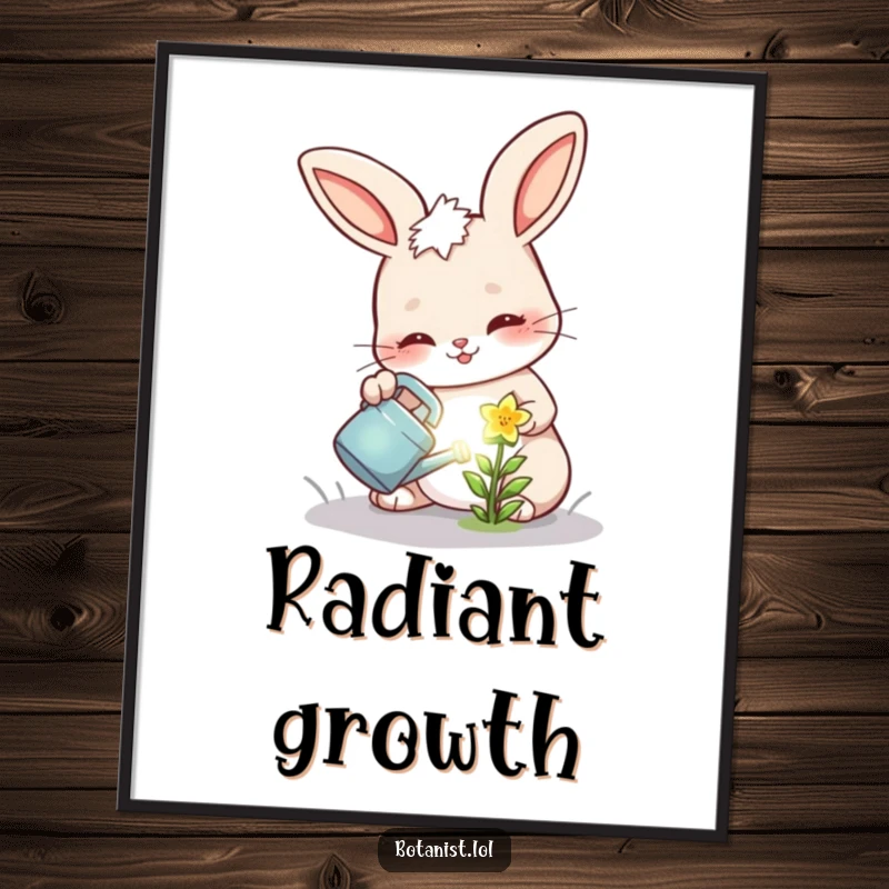 Funny digital art of a cheerful bunny with a determined expression, watering a tiny, glowing flower, radiating magic.
