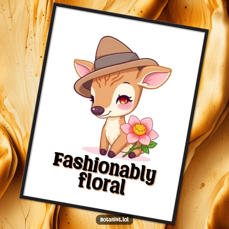 Funny deer wearing a hat, sniffing a vibrant flower, a whimsical digital art print for instant charm.