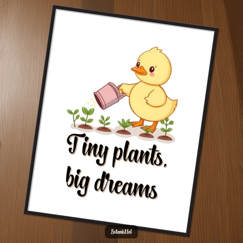 Funny digital art print: A focused duckling watering a row of miniature plants. Instant, cheerful decor for plant lovers.