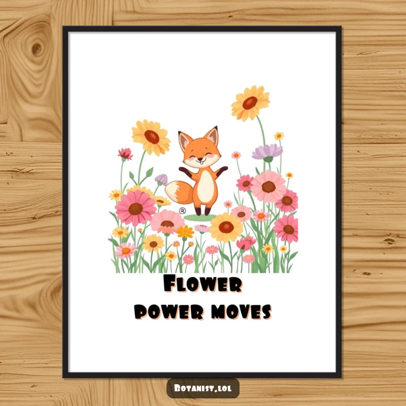 Funny digital art print of a playful fox dancing merrily in a meadow of gigantic, colorful wildflowers.