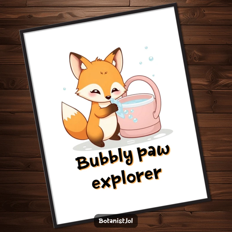 Funny curious fox digital art print, dipping paw into watering can bubbles, high-resolution humorous download.