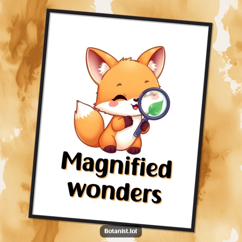 Funny joyful fox cub with a magnifying glass on a leaf, downloadable digital art print, humorous. A great gift idea.