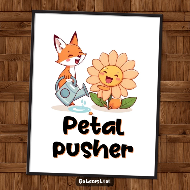 Funny cute fox with a watering can, excitedly watering a giant, smiling flower, available as a digital art print.