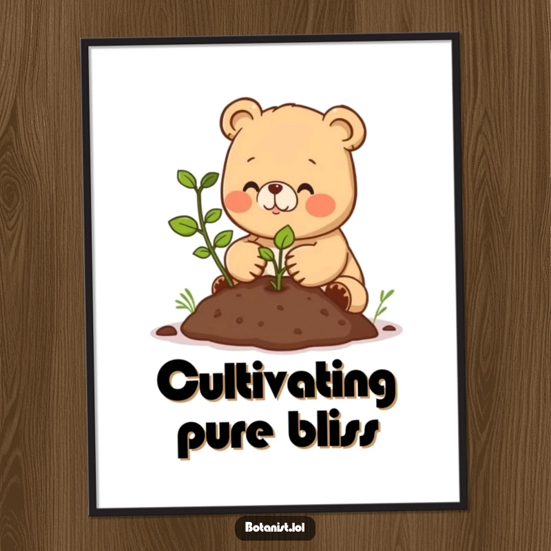 Funny digital art print of a happy bear cub carefully transplanting a seedling into new soil, ideal for instant garden-themed wall art.