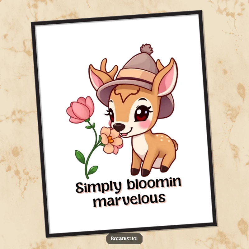 Funny digital art print of a happy deer wearing a hat, gently sniffing a vibrant bloom, bringing serene and humorous natural beauty to your walls.