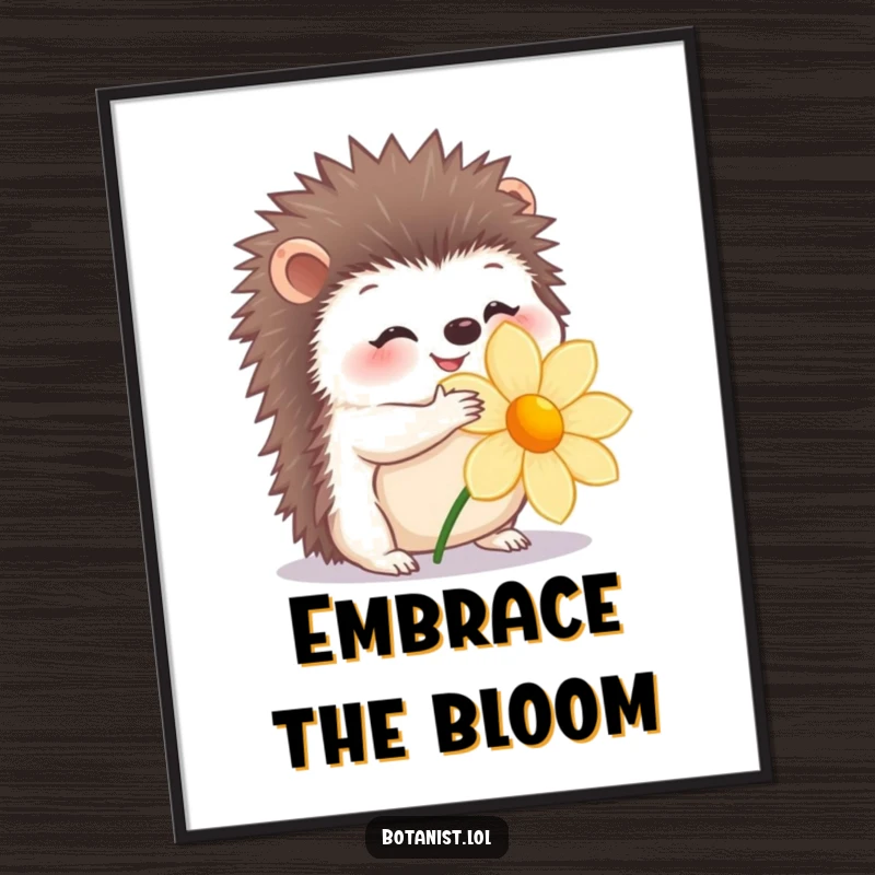 Funny digital art print of a happy hedgehog gently hugging a flower, printable and sweet.