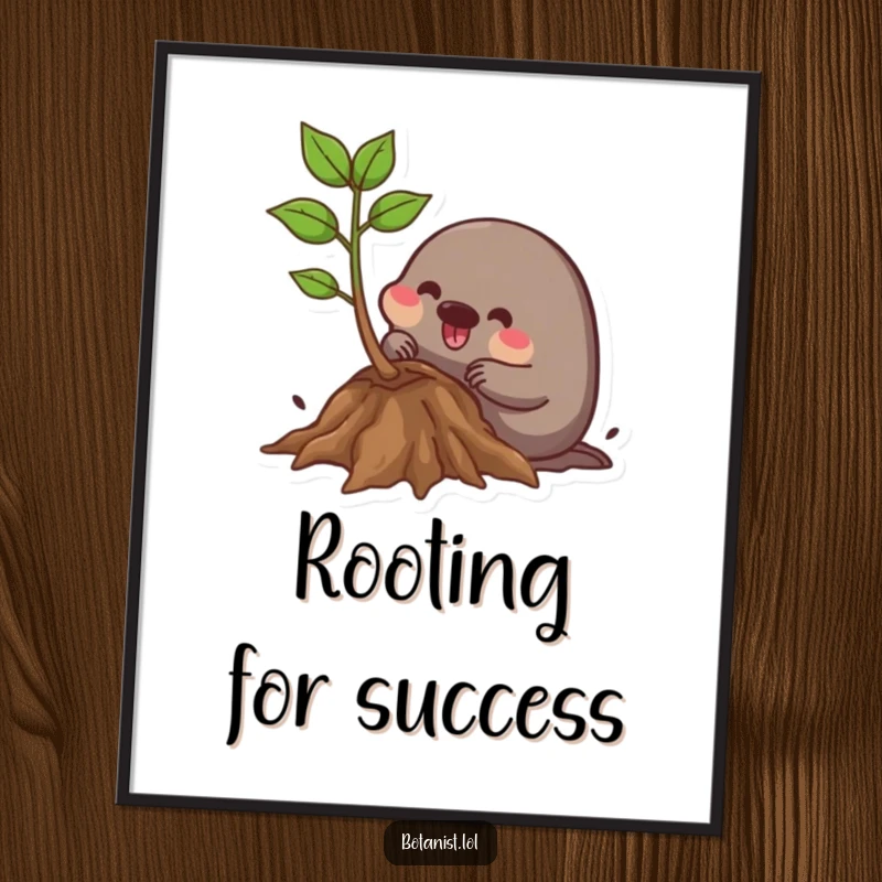 Funny Digital Art Print: A joyful mole digs around plant roots, a whimsical piece celebrating garden dedication.