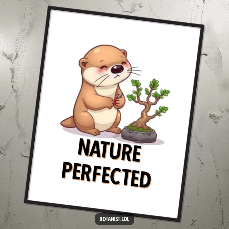 Funny otter bonsai digital art print, featuring a diligent otter carefully pruning a bonsai tree, for instant sophisticated humor.