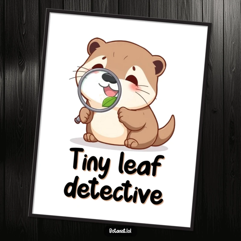 Funny delighted otter digital art print, peering through a magnifying glass at a leaf, high-resolution humorous download.