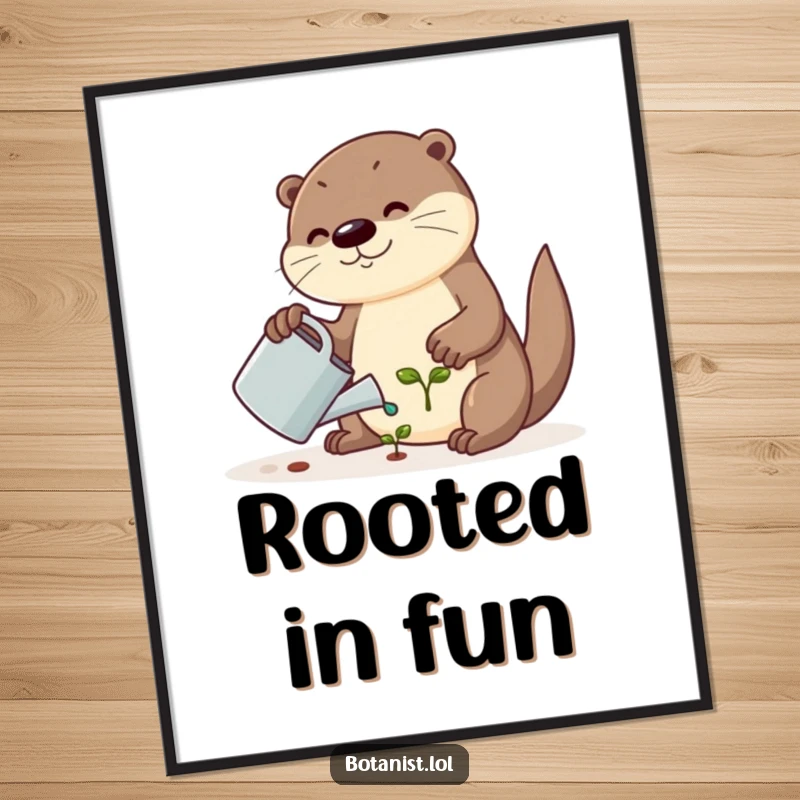 Funny digital art print of a playful otter nurturing a tiny seedling, perfect for adding garden charm and humor to any space.
