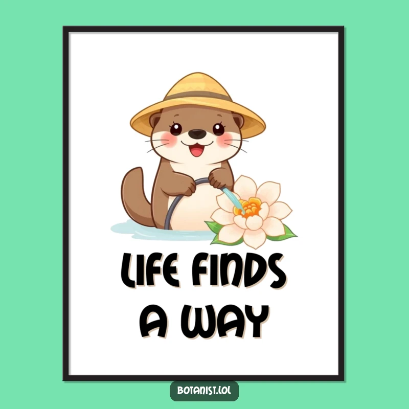 Funny Otter Gardener Digital Art Print: Whimsical Happy Otter Watering Giant Flower
