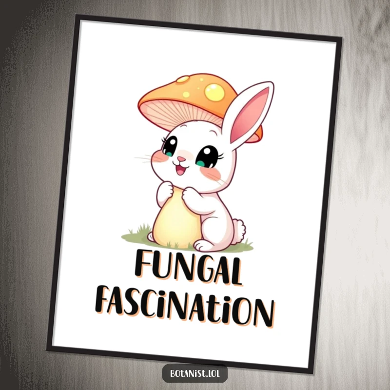 Funny happy rabbit with wide eyes, inspecting a towering, glowing mushroom, available as a digital art print.