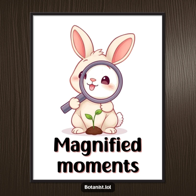 Funny rabbit digital art print of a smiling rabbit holding a large magnifying glass over a minuscule sprout, offering instant whimsical decor.