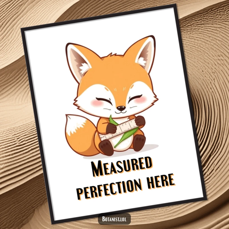 Funny digital art print of a determined fox carefully measuring a leaf with a tiny ruler and a focused expression.