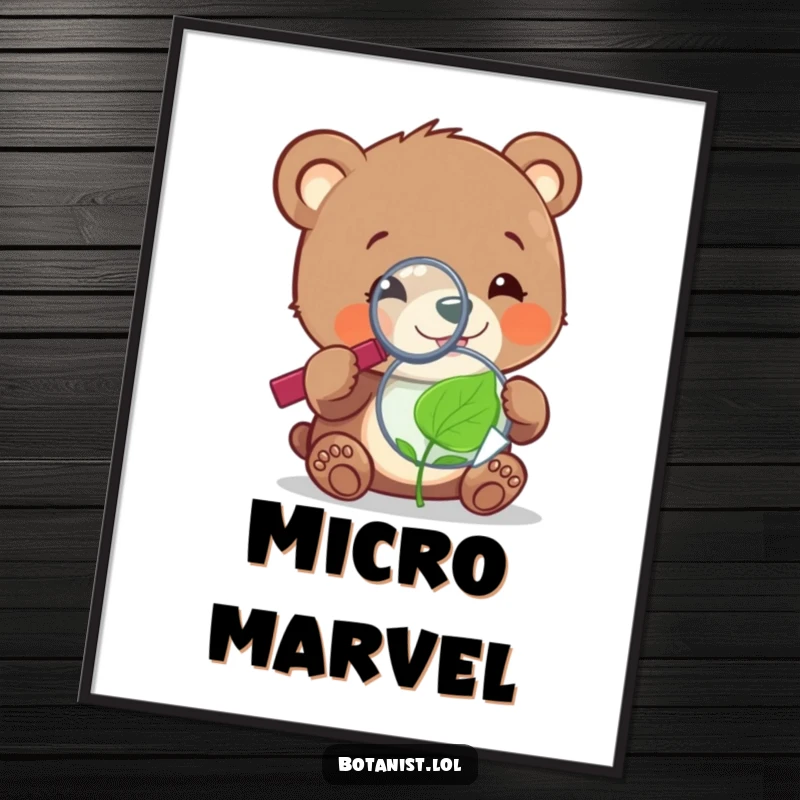 Funny cheerful bear cub with a magnifying glass, examining a tiny, sentient leaf, available as a digital art print.