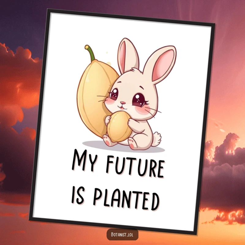 Funny digital art print: A curious rabbit with wide, sparkling eyes intently observes a huge, mystical seed. Instant funny decor for any room.