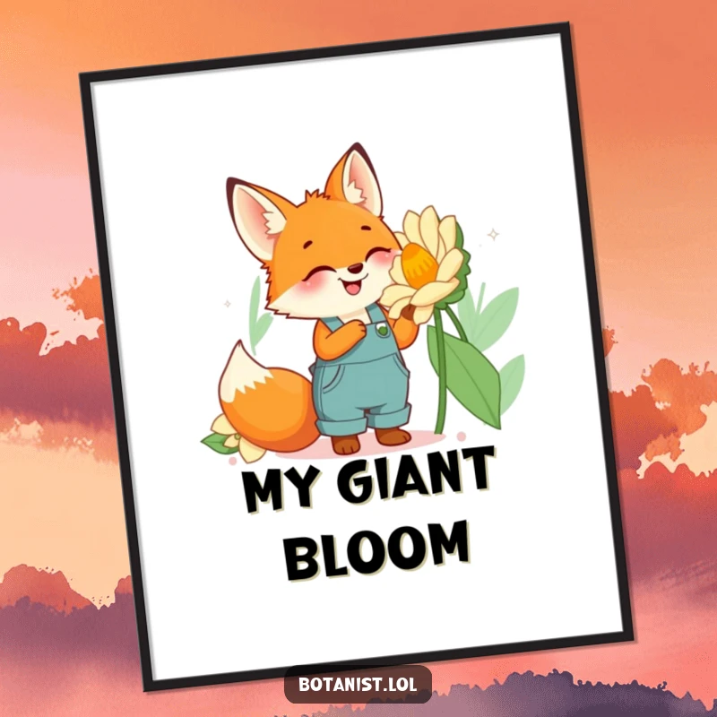 Funny fox gardener digital art print showing a cute fox in overalls looking up at a massive, blooming flower.