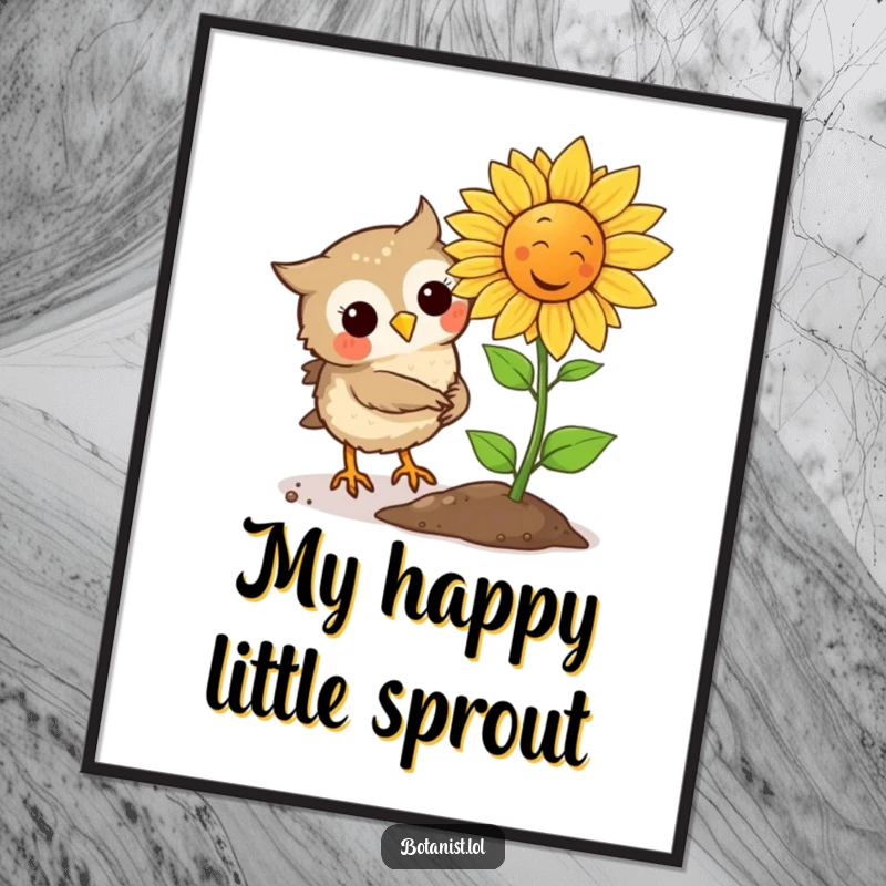 Funny Owl plants a seed that instantly sprouts a laughing sunflower, a humorous and vibrant digital art print.