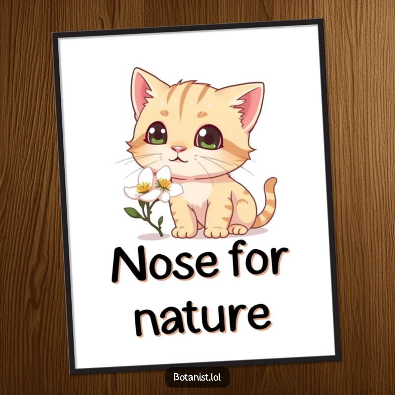 Funny digital art print of a curious cat sniffing a dewy blossom, eyes wide with pure, delightful amazement.