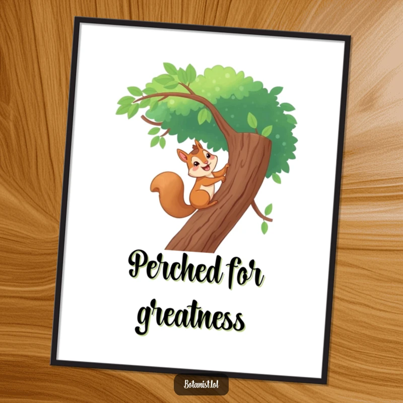 Funny digital art print of a giggling squirrel bravely climbing a tall, leafy tree, ideal for instant adventurous wall art.