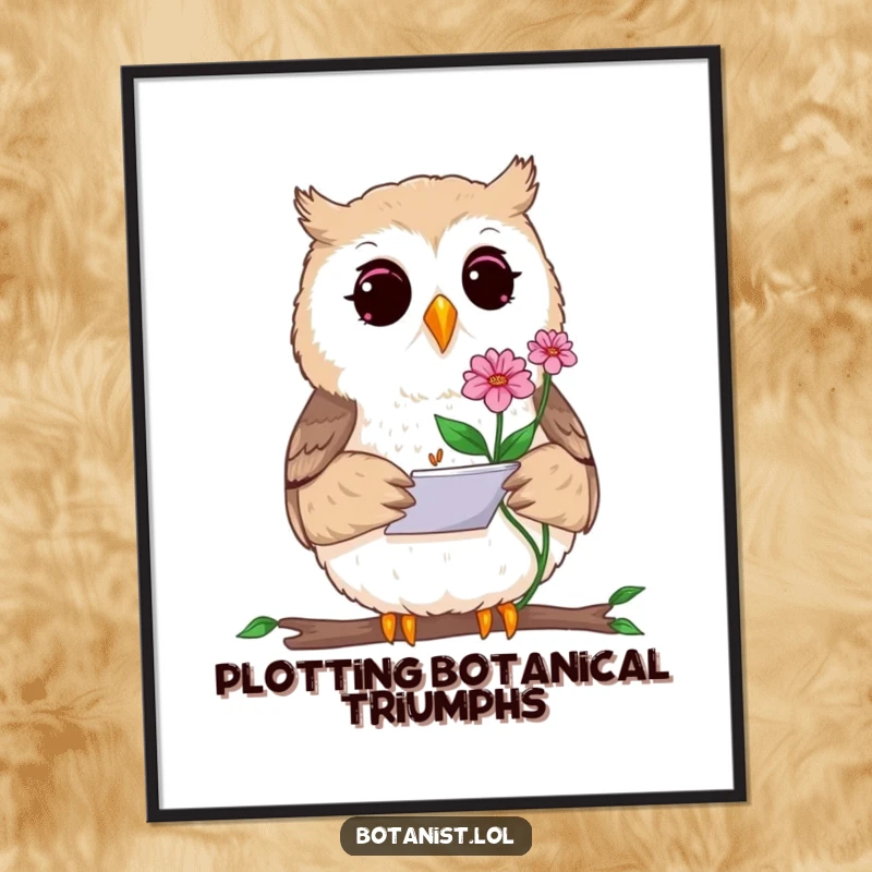 Funny digital art print of a curious owl artist sketching a rare blooming plant with a small notepad, ideal for instant wall decor.