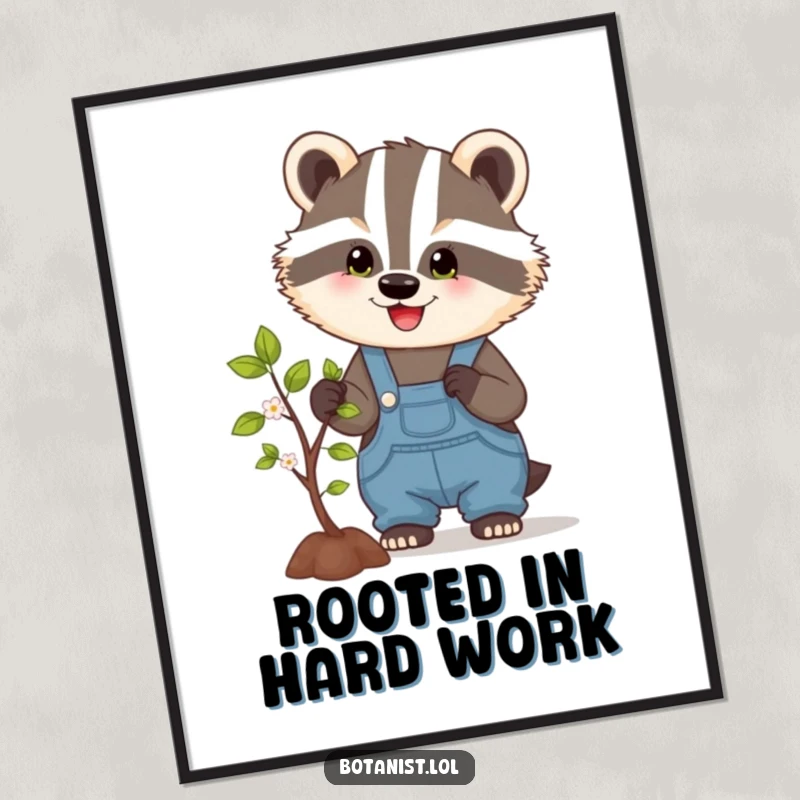 Funny digital art print of a hardworking badger pruning a tree, perfect for adding garden charm and humor to any space.