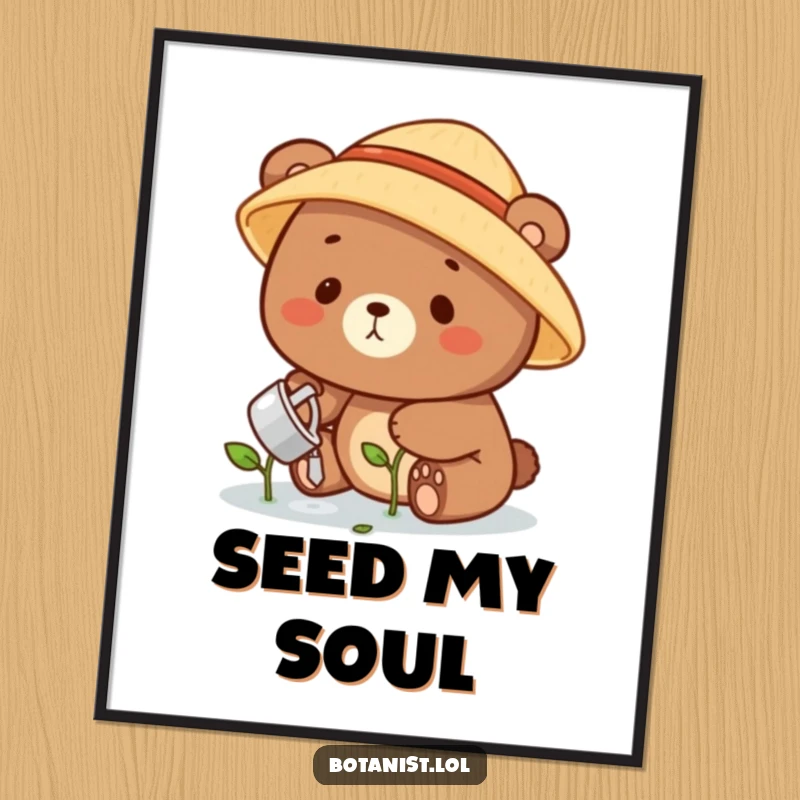 Funny bear gardener digital art print featuring a happy bear in a straw hat watering a small green sprout, symbolizing joy.