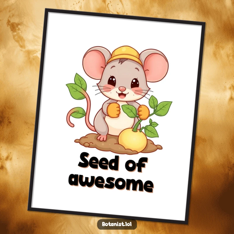 Funny Mouse Digital Art Print of a happy mouse in gardening gloves planting a giant seed, symbolizing growth and optimism.