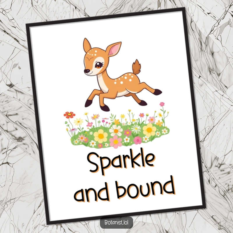 Funny Deer Digital Art Print of a graceful deer leaping over a vibrant field of wildflowers, with sparkling, joyful eyes.