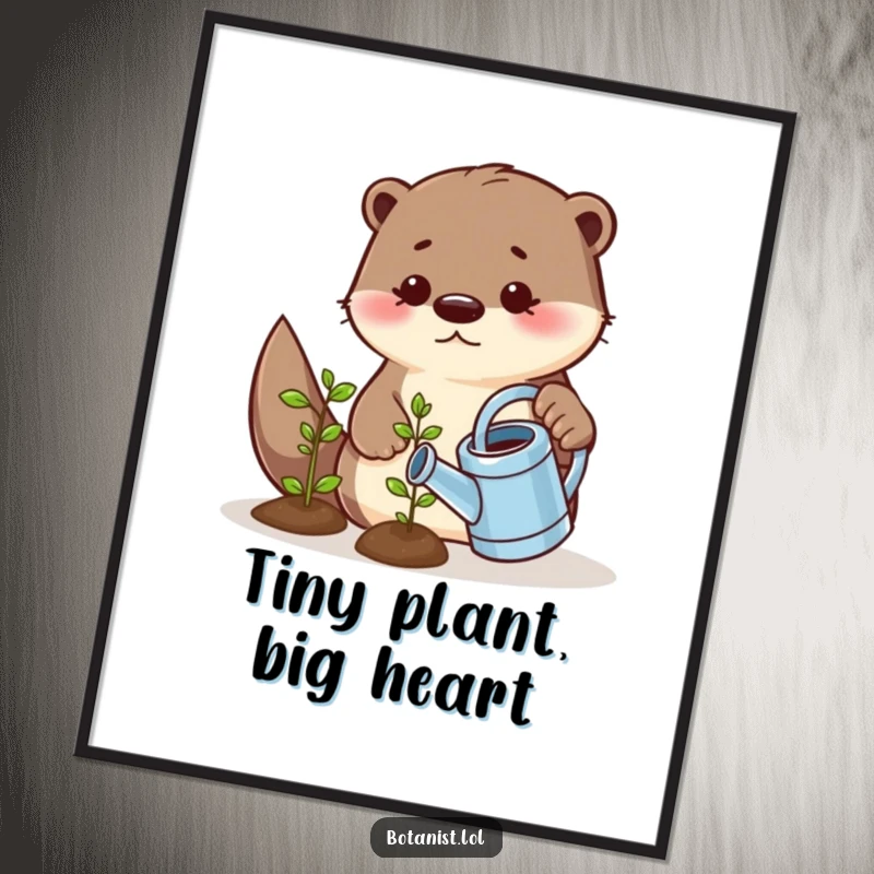 Funny digital art print of a playful otter using a tiny watering can to water a smiling seedling, bringing adorable garden humor to your decor.