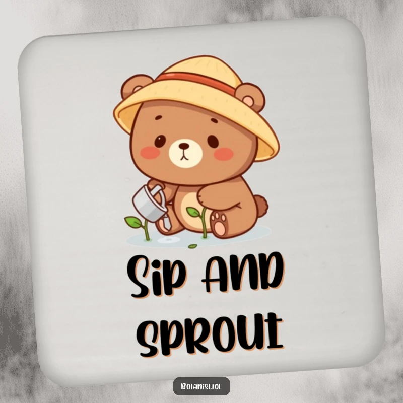 Funny bear gardener coasters with a happy bear in a straw hat watering a tiny sprout, protecting furniture with humor.
